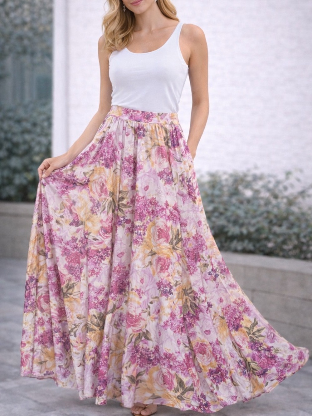 Floral Maxi Skirt in Pink & Cream